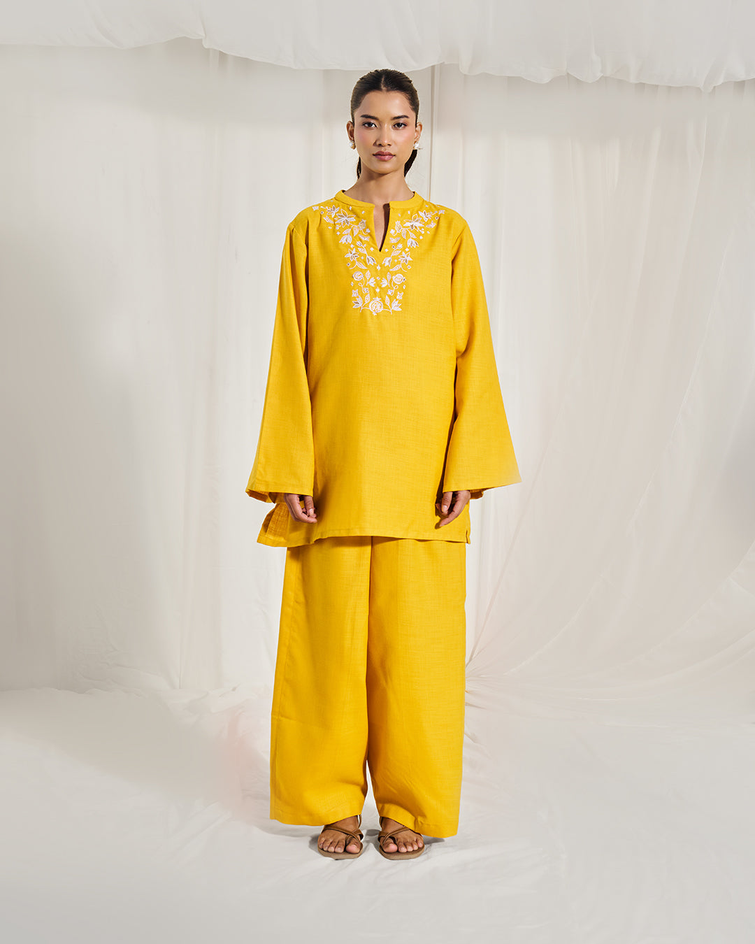 Marigold Glow – Aura Set <br> Women's Embroidered Tunic Set with Izhar Pants