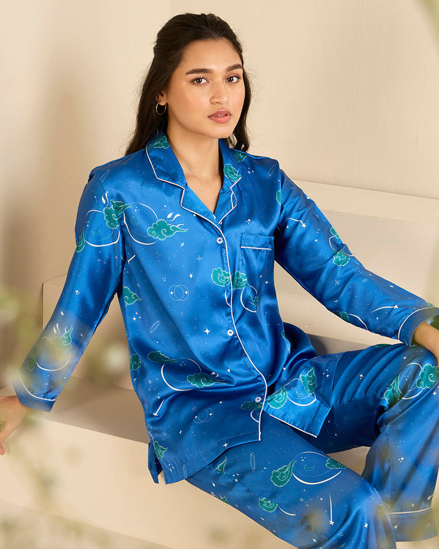 Midnight Stardust Satin Notched Pyjama Set