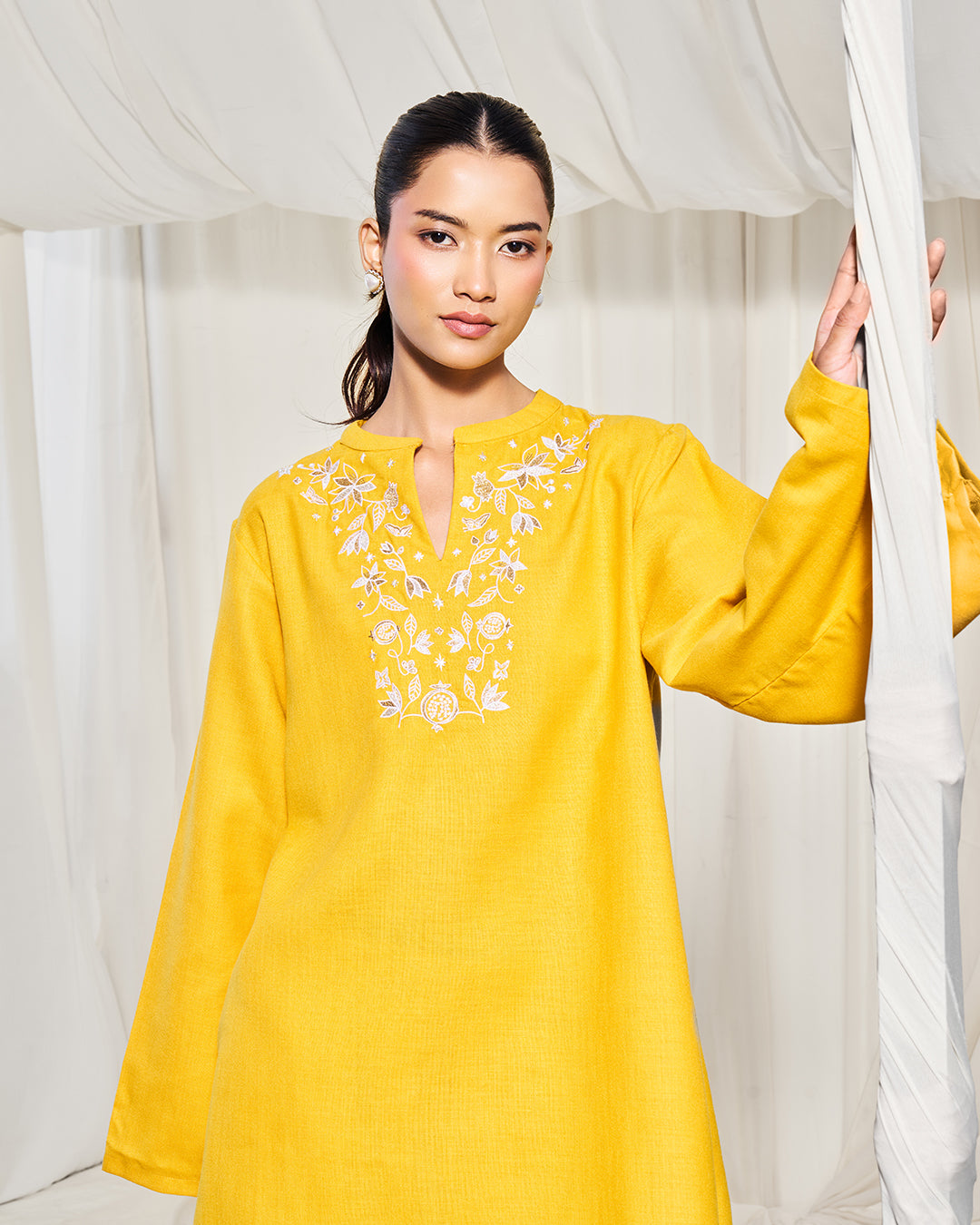 Marigold Glow – Aura Set <br> Women's Embroidered Tunic Set with Izhar Pants