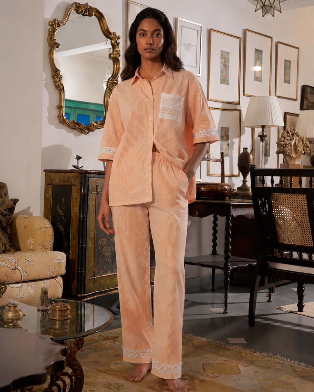 Amber Stripe Schiffli Embroidered - Easy Lounge Set <br>Women's Co-ord Set