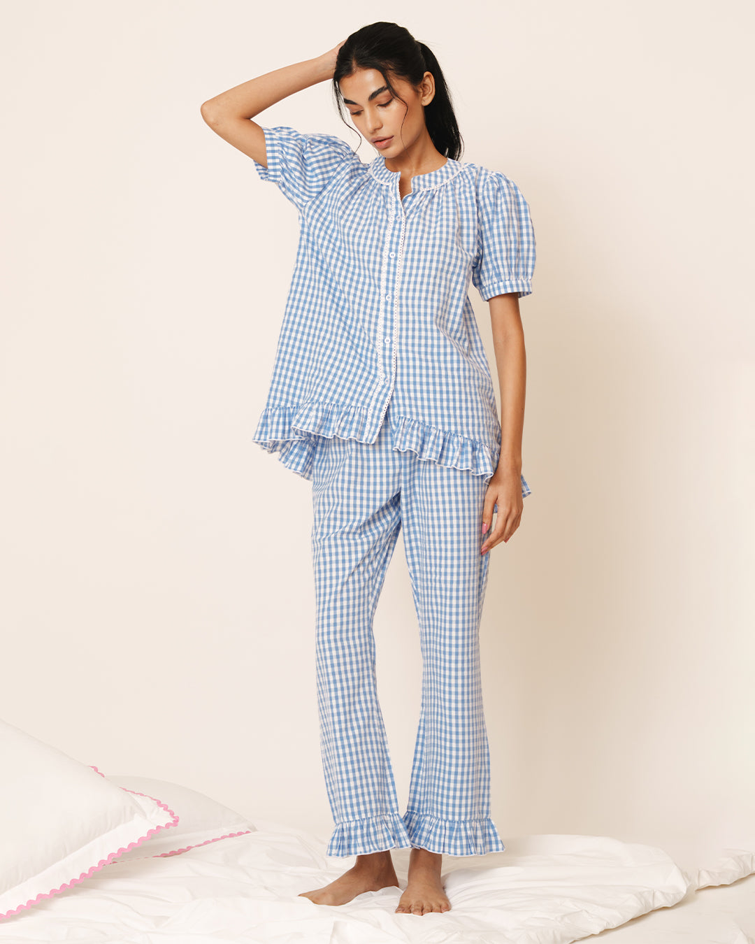 Amber - Bloom Set <br> Women’s Cotton Gingham Frill Pajama Set