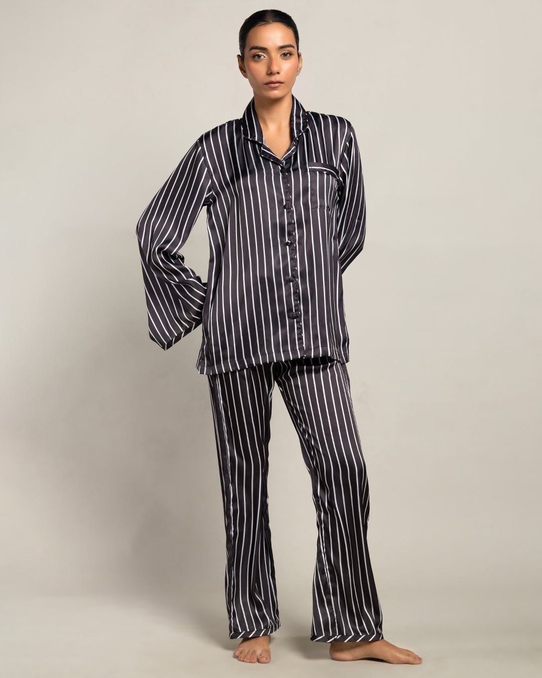Midnight Whisper Satin Stripe Relaxed Pyjama Set