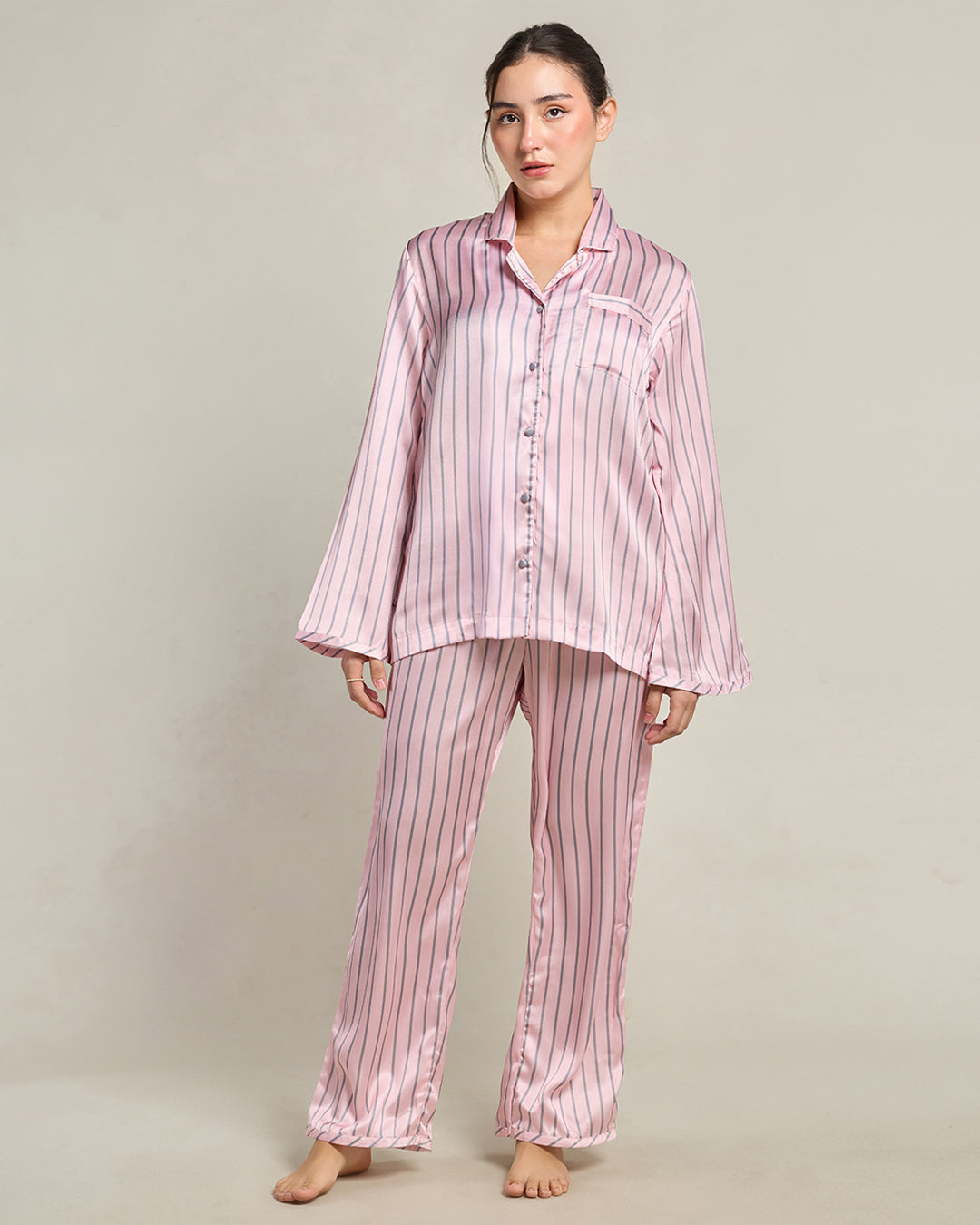 Aura Blush Satin Stripe Pyjama Set