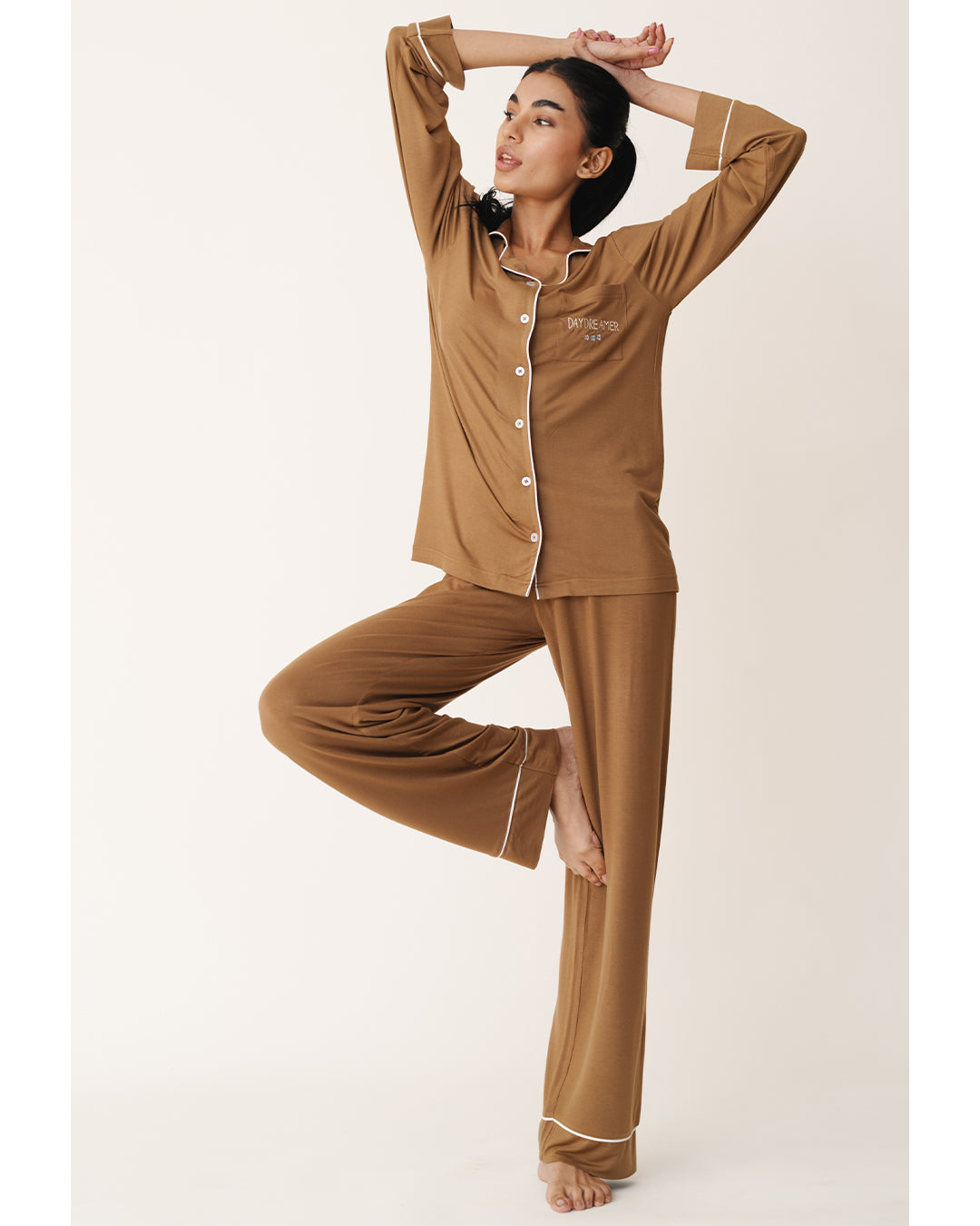 Mist Grey - Everyday Set <br> Women's Embroidered Knit Notch Collar Pajama Set