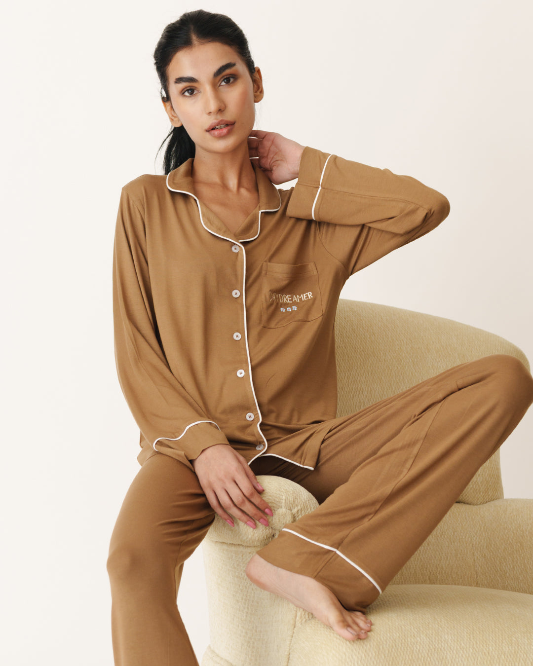 Daydreamer - Everyday Set <br> Women's Caramel Cloud Knit Notch Collar Pajama Set