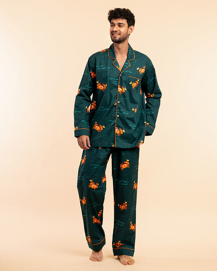 Coastal Crawl Cotton Notched Pyjama Set-Men