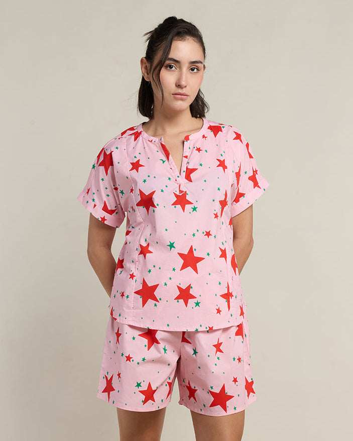 Pink Stardust Cotton Slit Neck Shorts Set