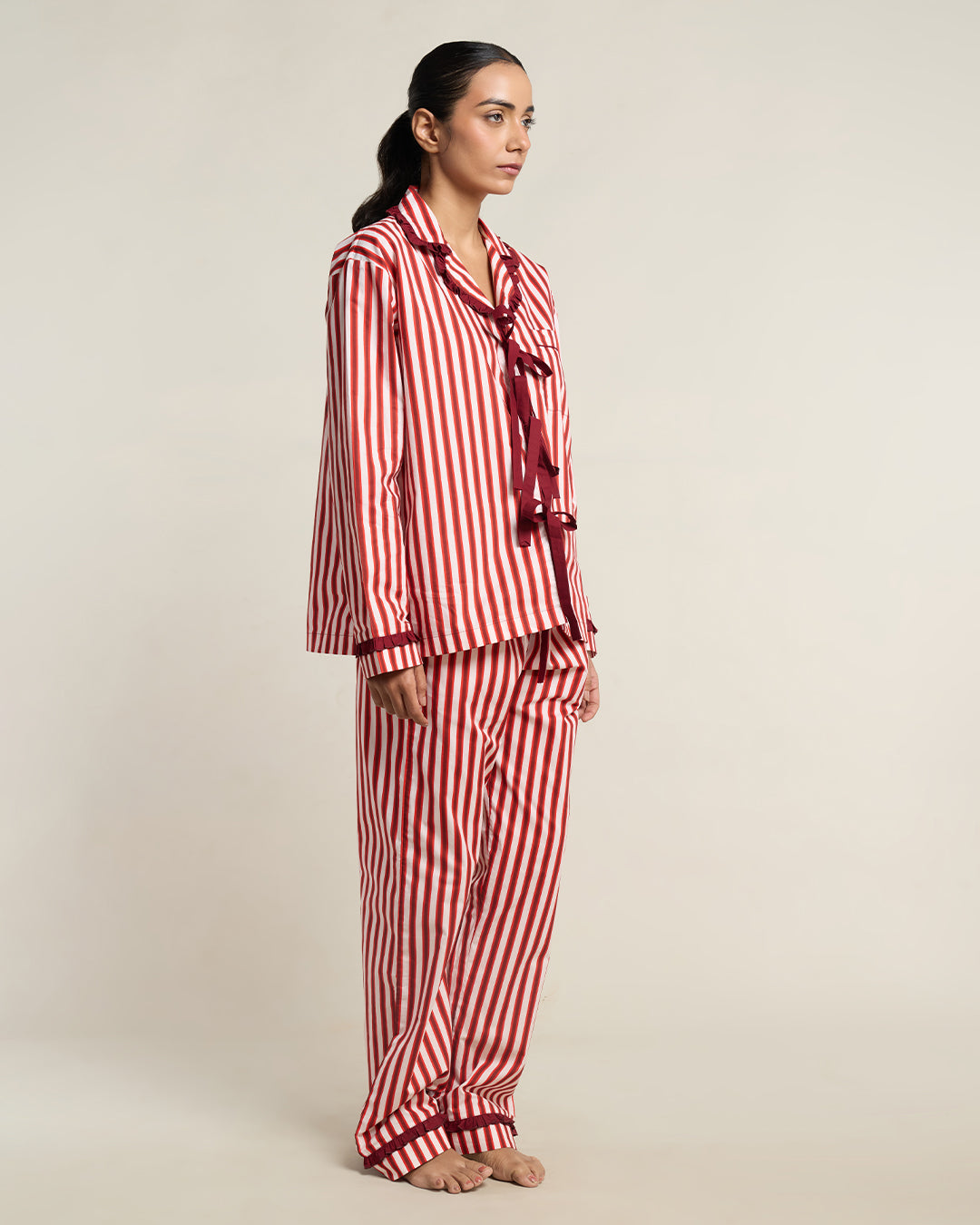 Cranberry Stripe Tie Up Cotton Pyjama Set