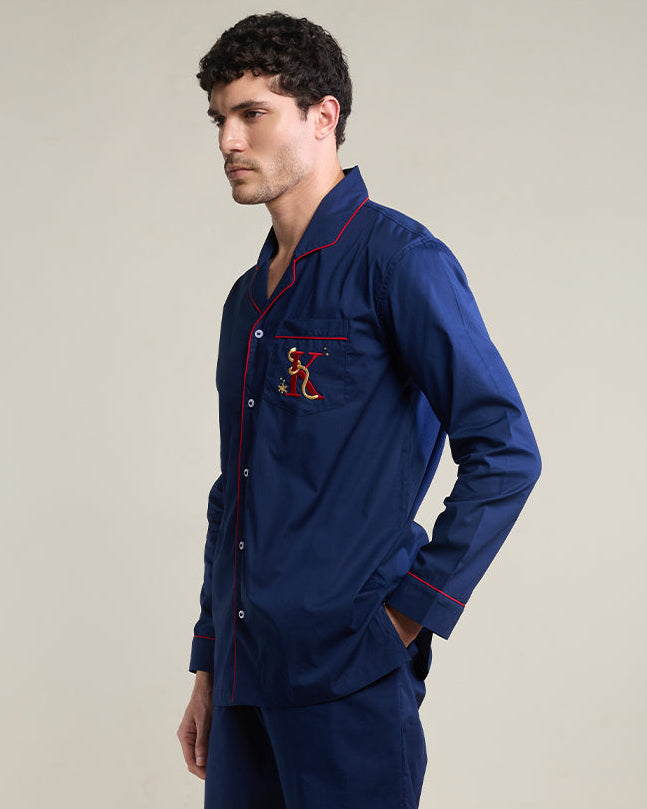 Silent Navy Cotton Notched Collar Pyjama Set - Men