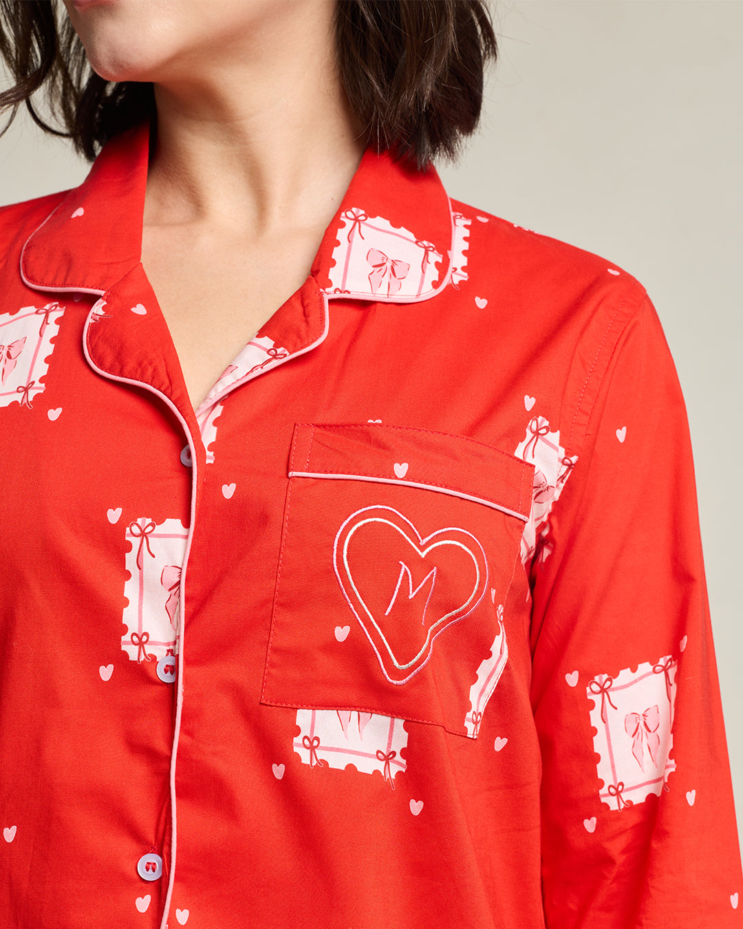 Cards of Love Embroidered Notched Collar Pyjama Set - Women