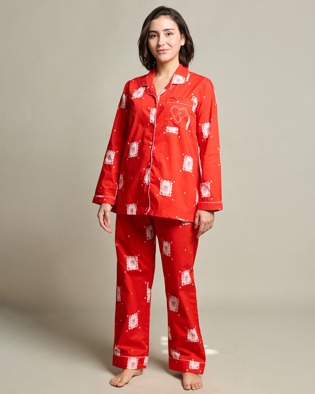 Cards of Love Embroidered Notched Collar Pyjama Set - Women