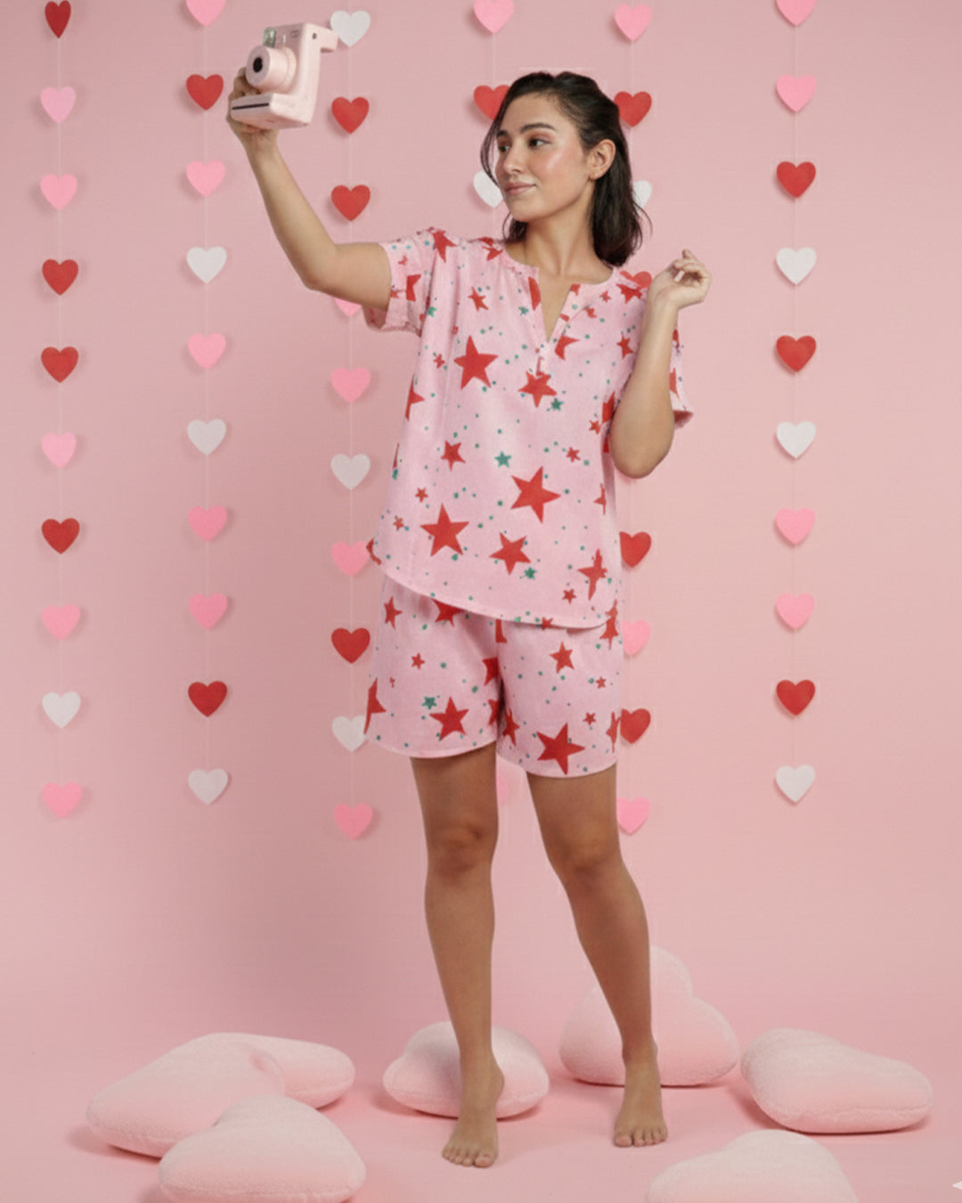 Pink Stardust Cotton Slit Neck Shorts Set