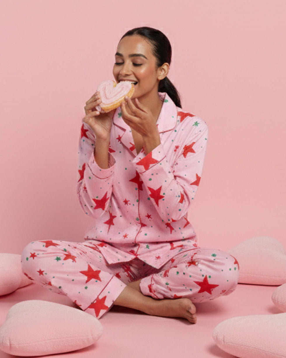 Pink Stardust Cotton Notched Collar Pyjama Set