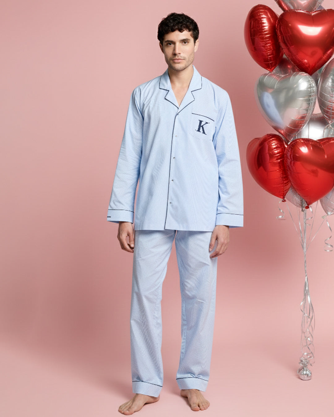 Daybreak Gingham Embroidered Notched Pyjama Set - Men
