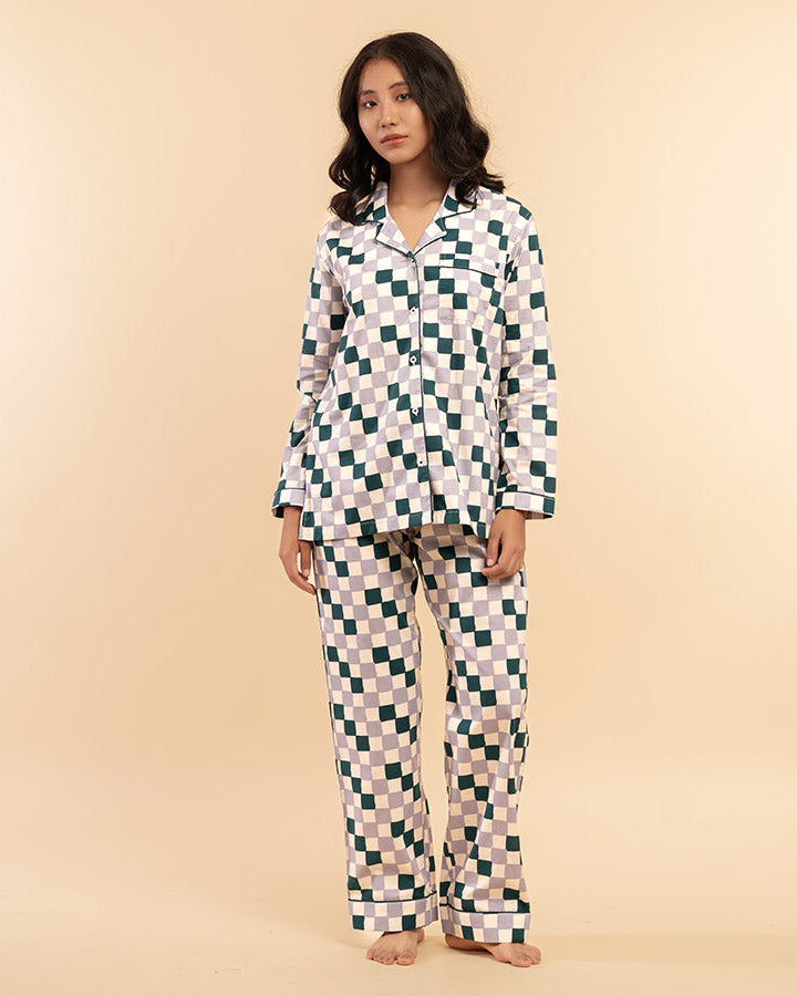 Fable Grid Cotton Notched Collar Pyjama Set