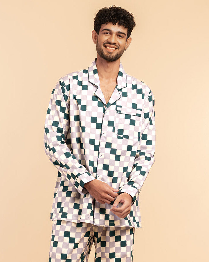 Fable Grid Cotton Notched Pyjama Set - Men