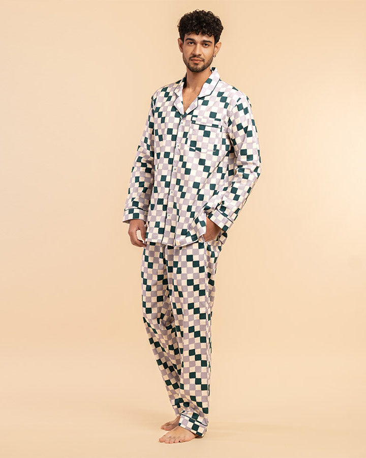 Fable Grid Cotton Notched Pyjama Set - Men