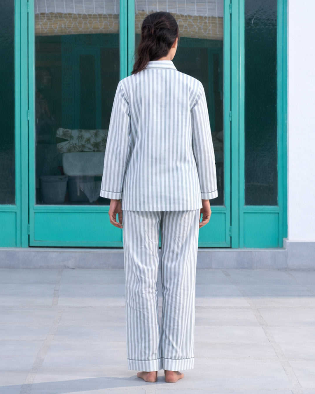 Garden Path Dual Stripe - Everyday Set<br>Women’s Cotton Notch Collar Pajama Set