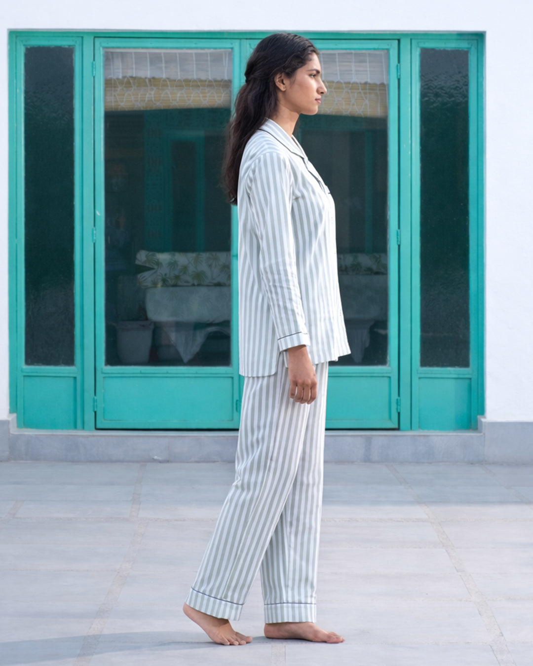 Garden Path Dual Stripe - Everyday Set<br>Women’s Cotton Notch Collar Pajama Set