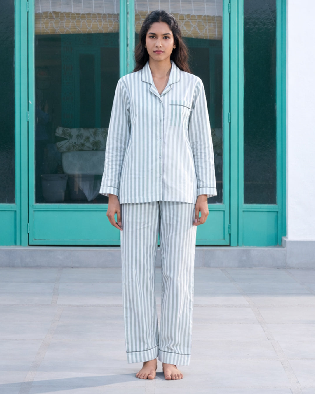 Garden Path Dual Stripe - Everyday Set<br>Women’s Cotton Notch Collar Pajama Set