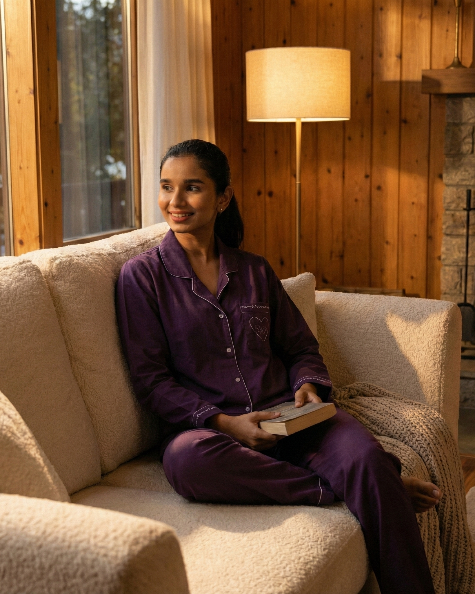 Mulberry Wine Embroidered Notched Collar Pyjama Set - Women