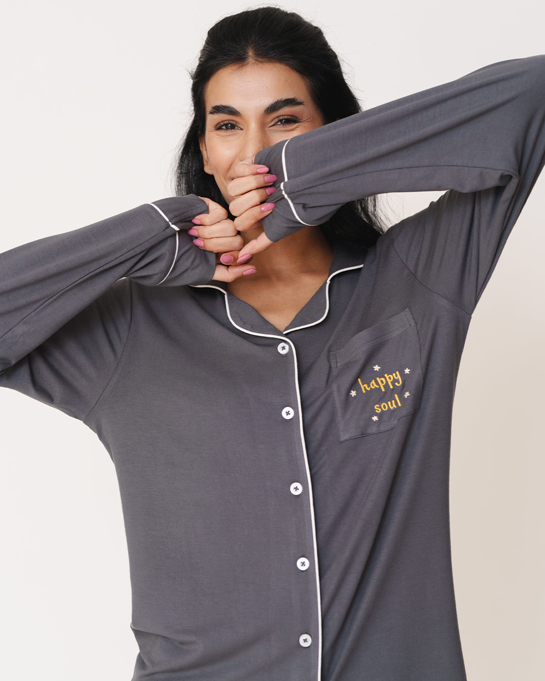 Happy Soul - Everyday Set <br> Women's Mist Grey Knit Notch Collar Pajama Set