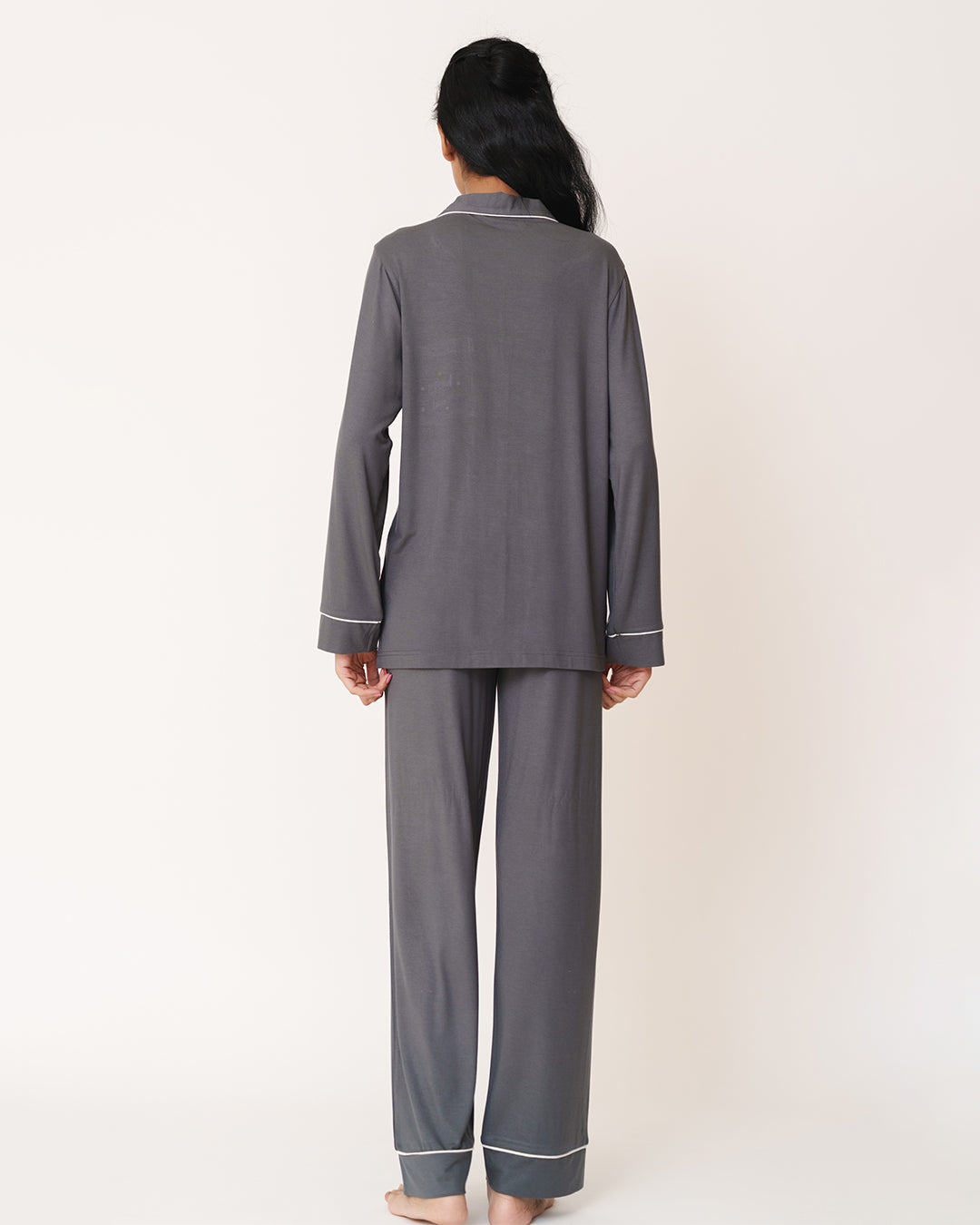 Mist Grey - Everyday Set <br> Women's Embroidered Knit Notch Collar Pajama Set