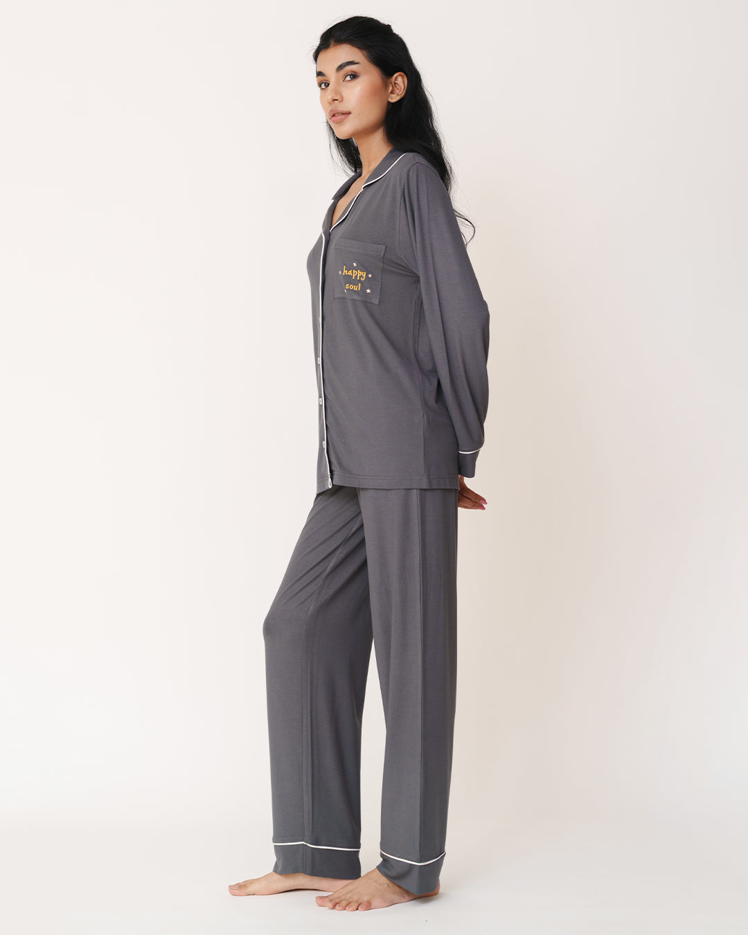 Mist Grey - Everyday Set <br> Women's Embroidered Knit Notch Collar Pajama Set