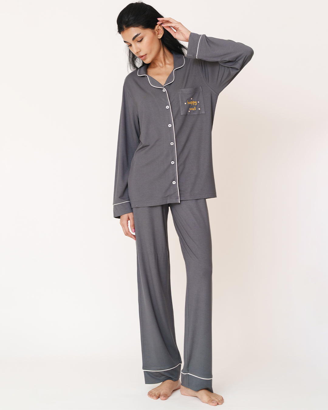 Happy Soul - Everyday Set <br> Women's Mist Grey Knit Notch Collar Pajama Set