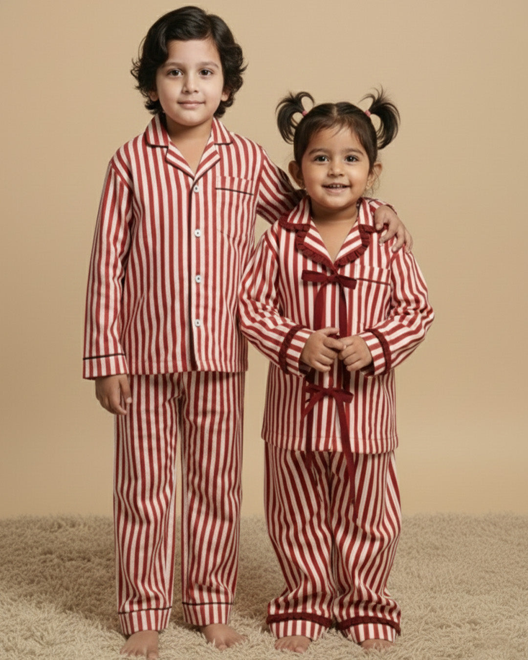 Cranberry Stripe - Reverie Set <br> Kids Bow-tie Cotton Pajama Set