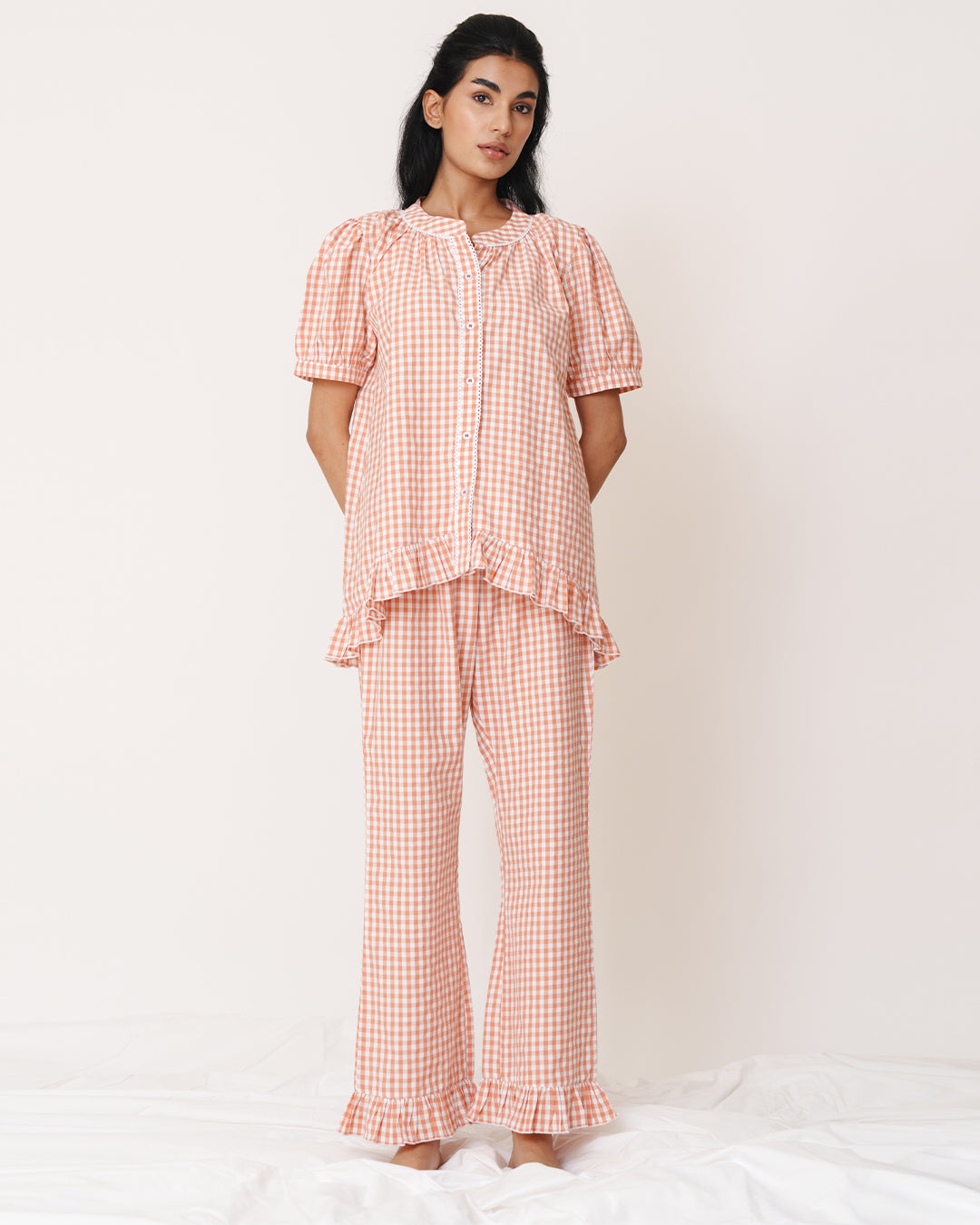 Amber - Bloom Set <br> Women’s Cotton Gingham Frill Pajama Set
