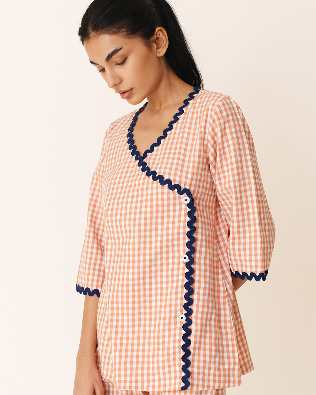 Amber - Charm Set <br> Women’s Cotton Gingham Wrap Pajama Set