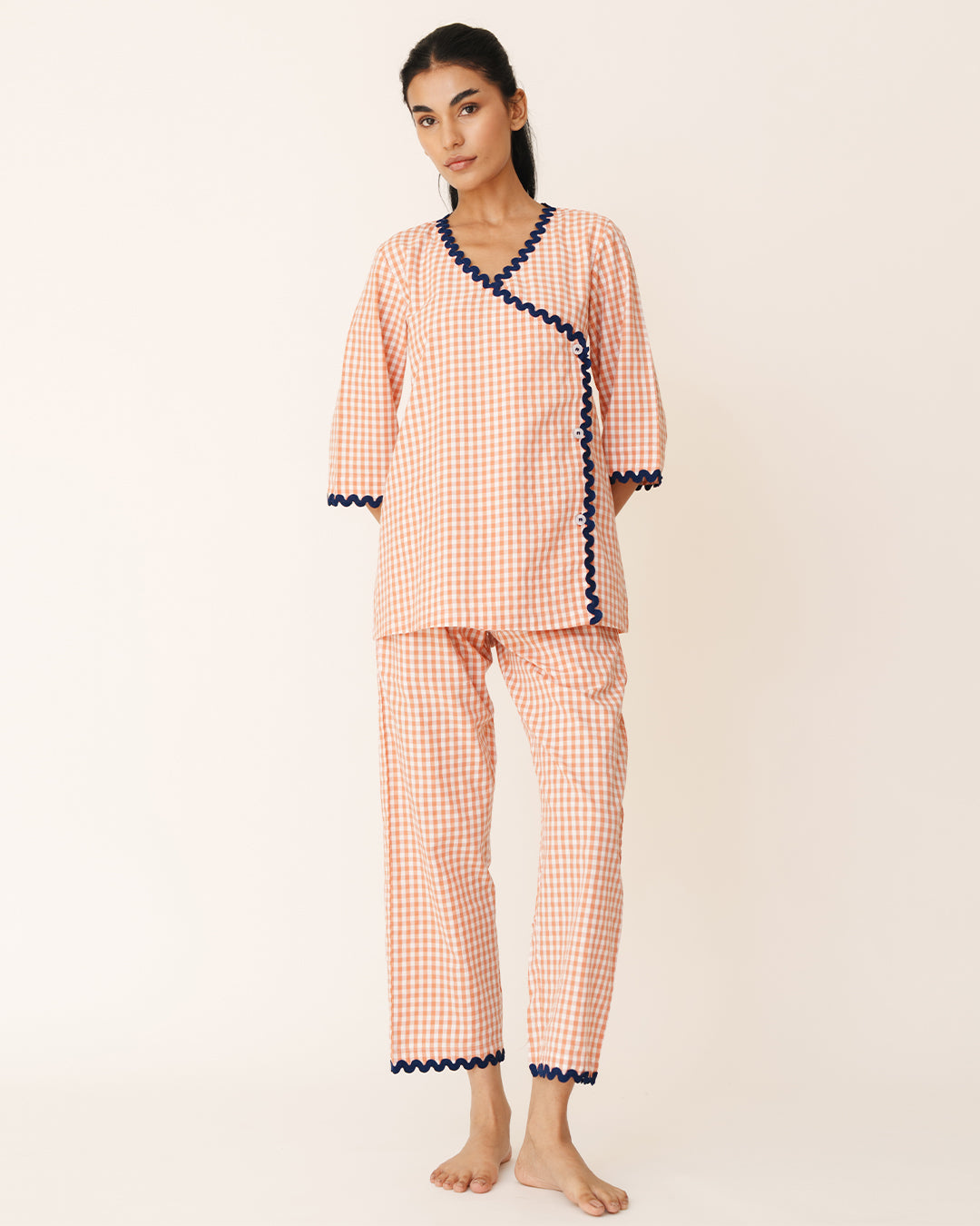 Amber - Charm Set <br> Women’s Cotton Gingham Wrap Pajama Set