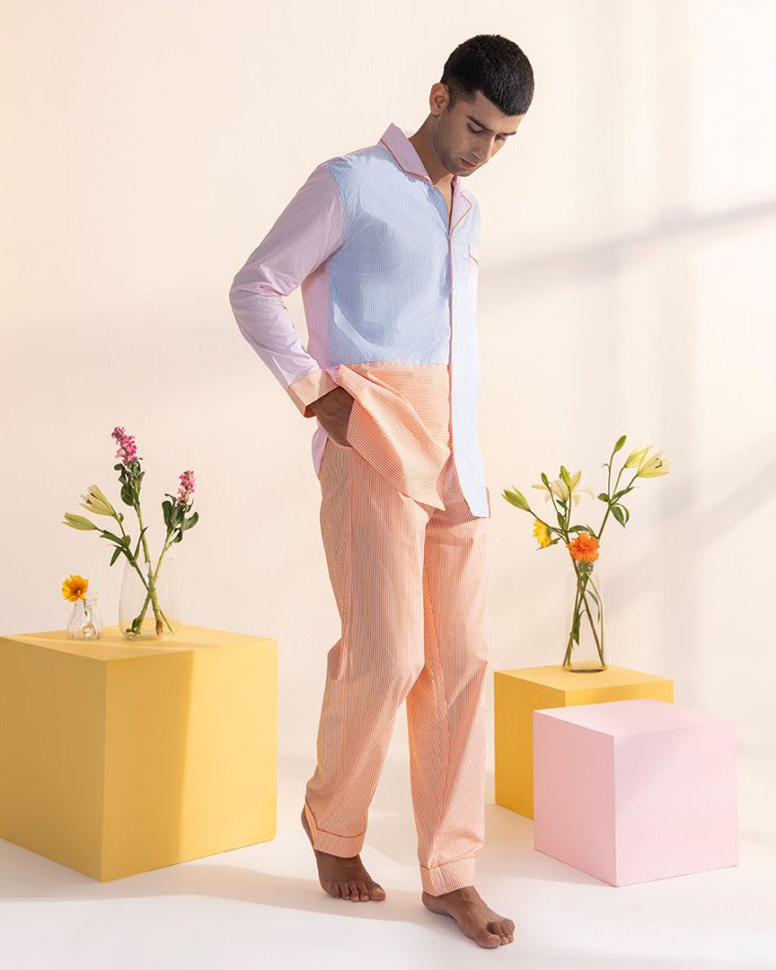 Poppy Stripes Cotton Notched Collar Pyjama Set - Men