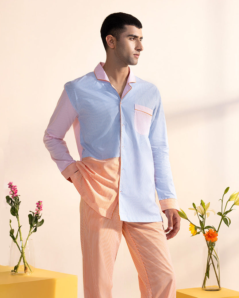 Poppy Stripes Cotton Notched Collar Pyjama Set - Men