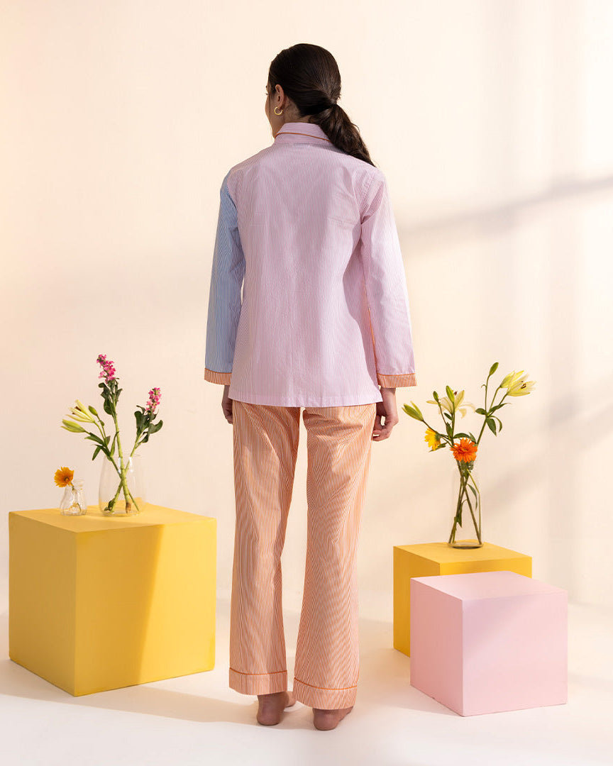 Poppy Stripes Cotton Notched Collar Pyjama Set