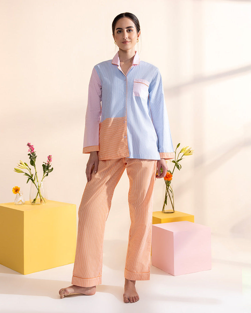 Poppy Stripes Cotton Notched Collar Pyjama Set - Women