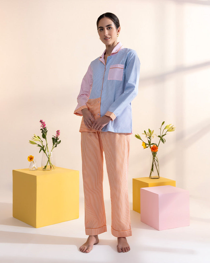 Poppy Stripes Cotton Notched Collar Pyjama Set