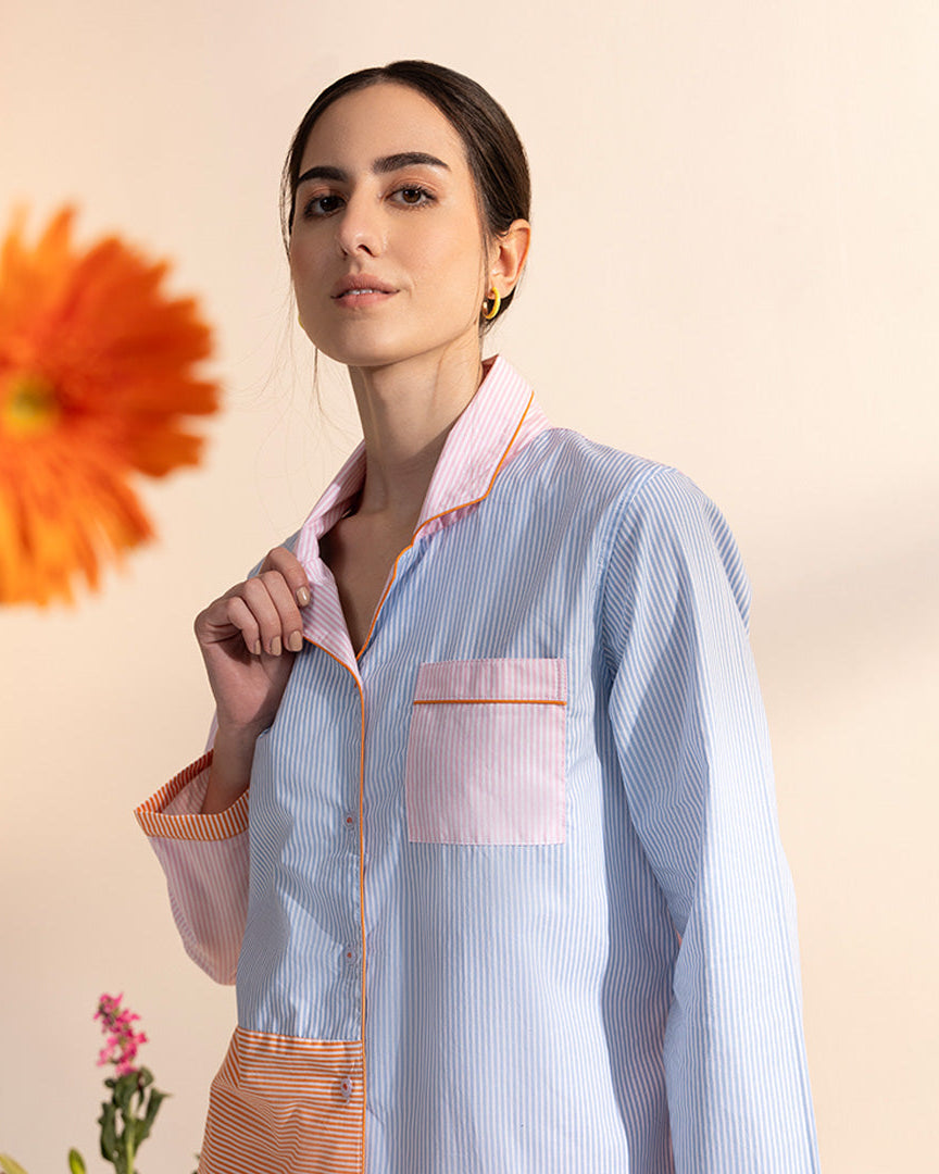 Poppy Stripes Cotton Notched Collar Pyjama Set - Women