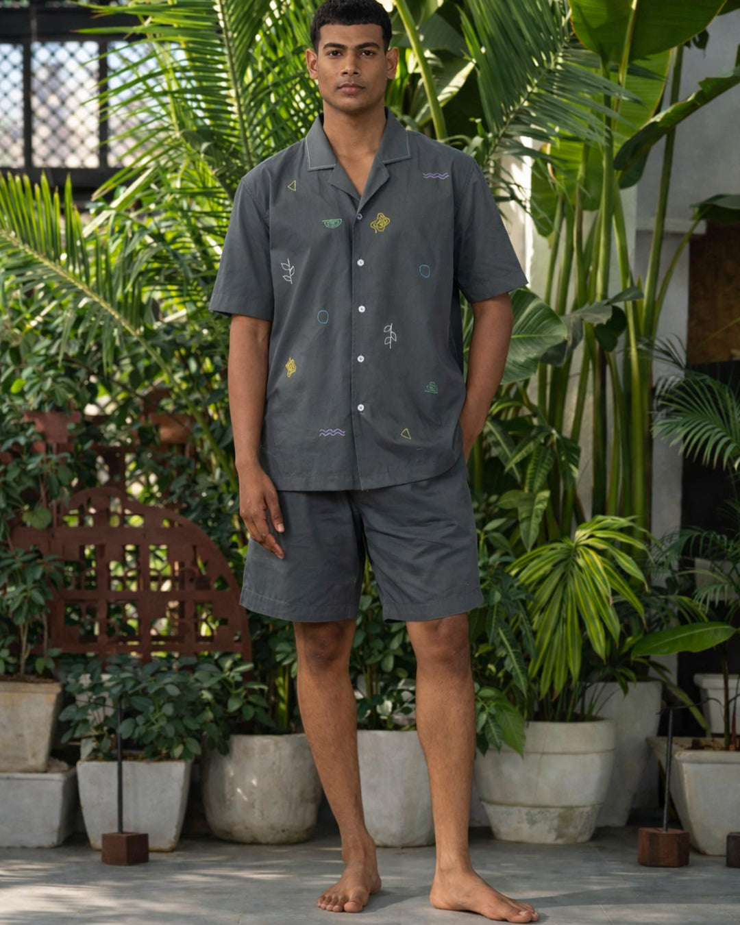 Slate - Everyday Easy Set<br>Men’s Embroidered Cotton Notch Co-ord Shorts Set