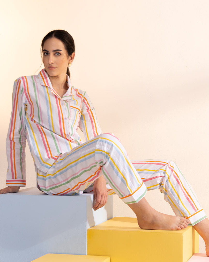 Rainbow Rope Cotton Notched Collar Pyjama Set