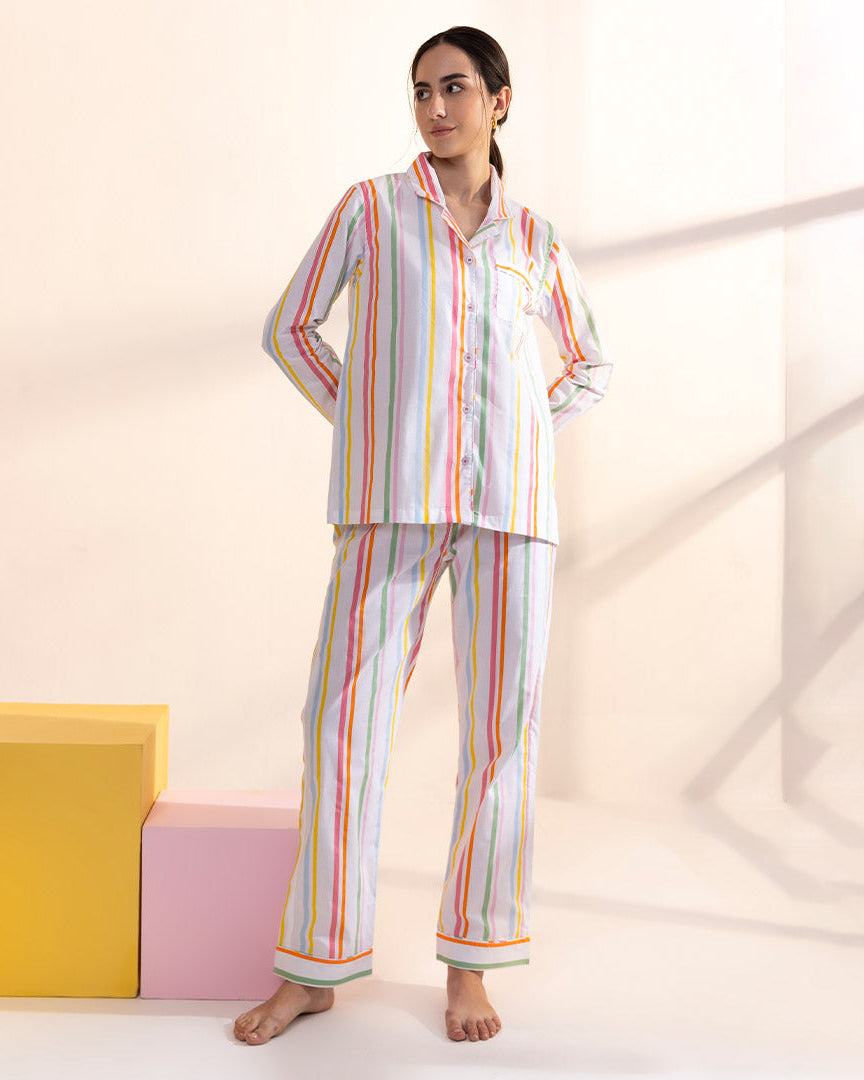 Rainbow Rope Cotton Notched Collar Pyjama Set