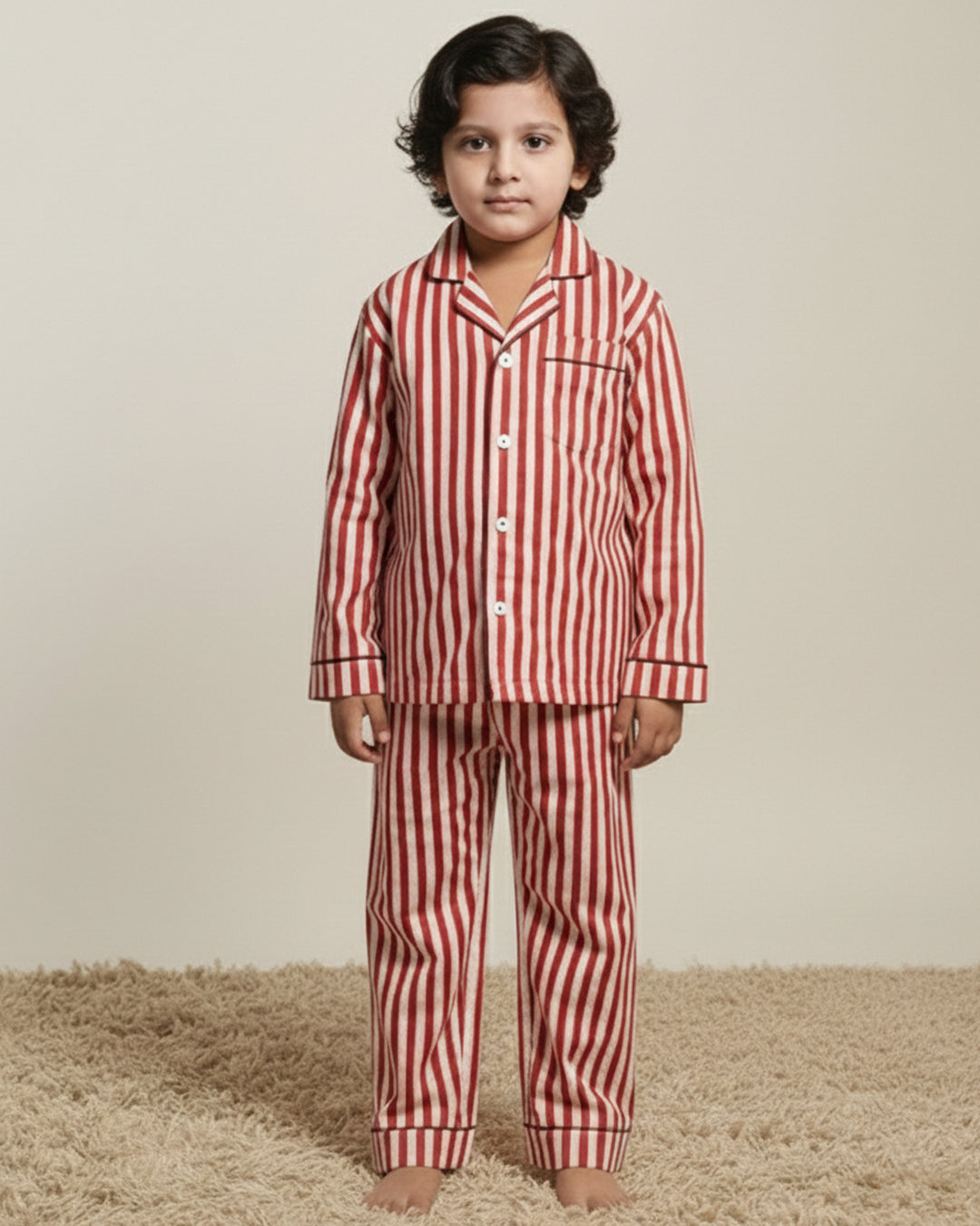 Cranberry Stripe Cotton Notched Pyjama Set - Kids