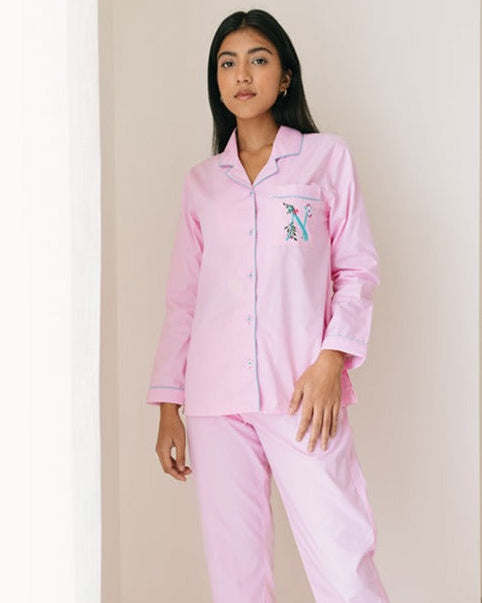 Calligraph - Everyday Set<br>Women’s Embroidered Cotton Notch Collar Pajama Set
