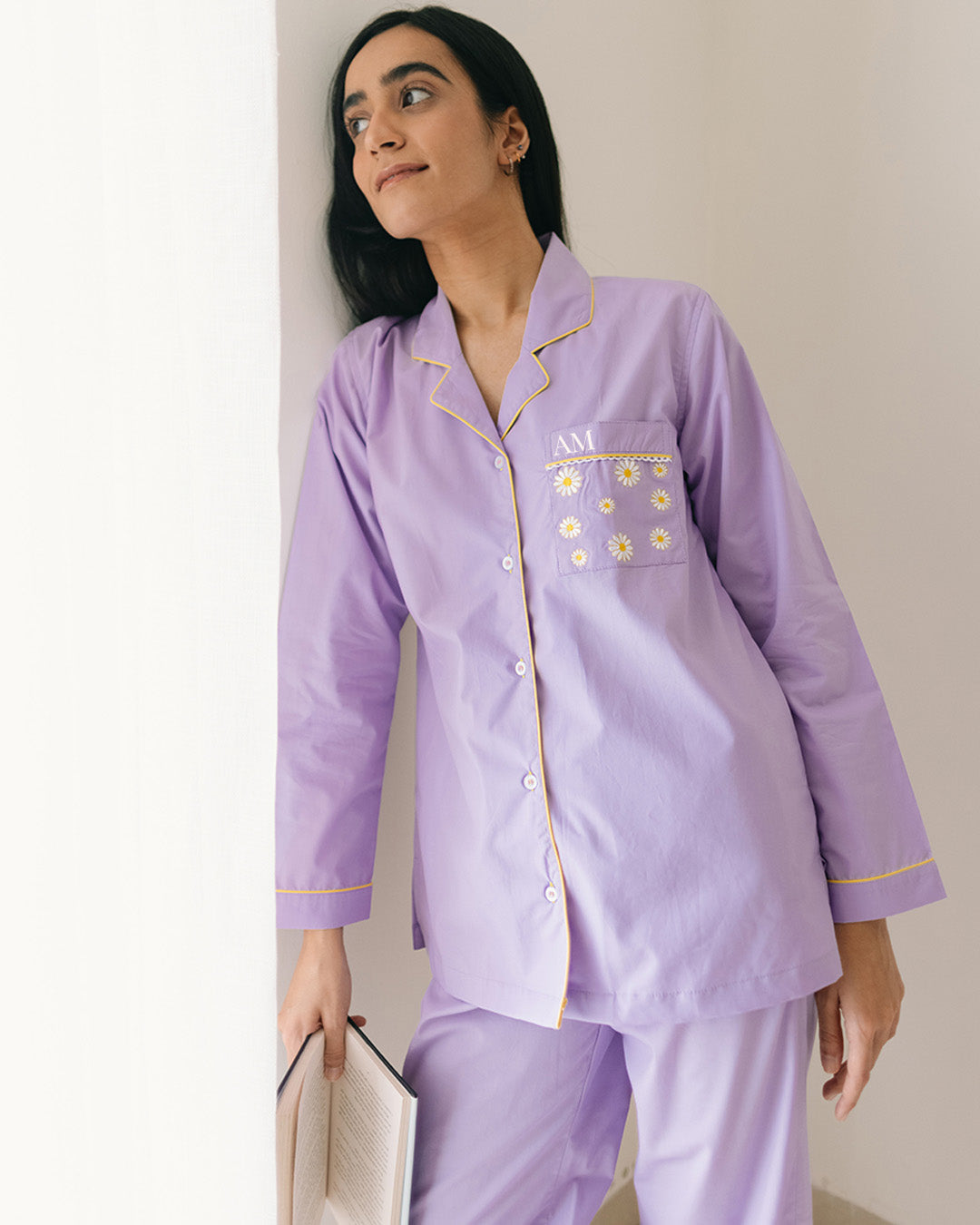 Embroidered Posie Periwinkle - Everyday Set <br> Women Cotton Notched Pajama Set