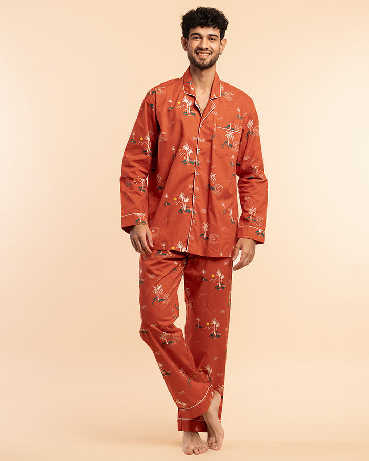 Rustic Shores Cotton Notched Pyjama Set - Men