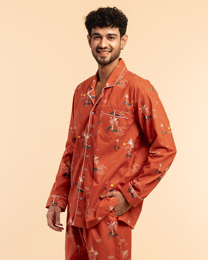 Rustic Shores Cotton Notched Pyjama Set - Men