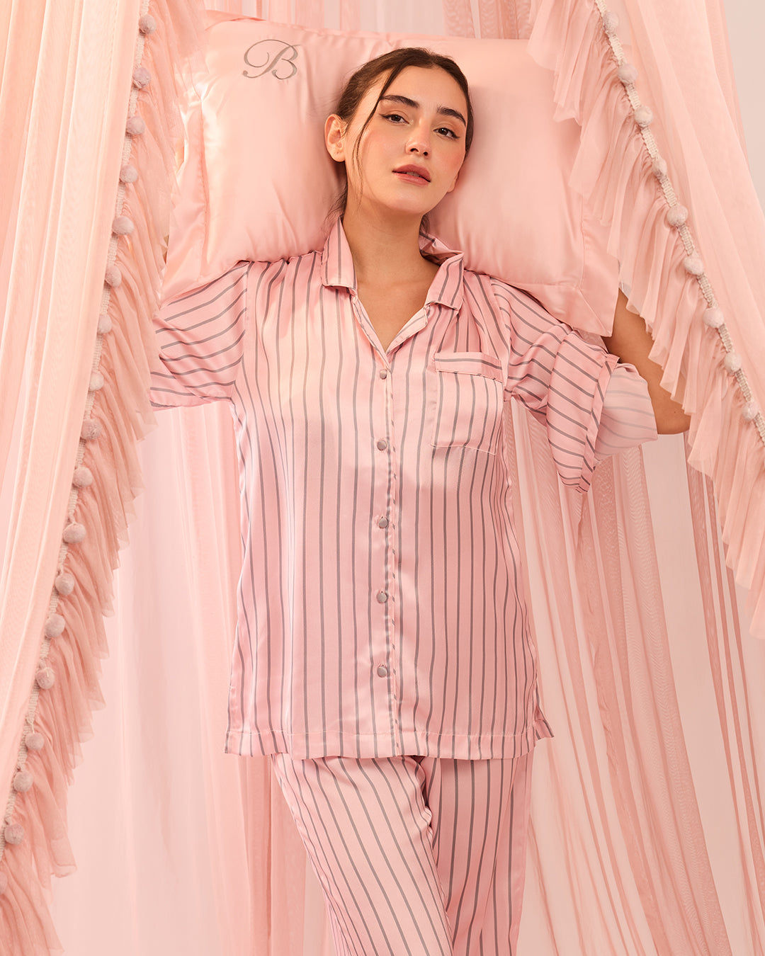 Aura Blush Satin Stripe Pyjama Set