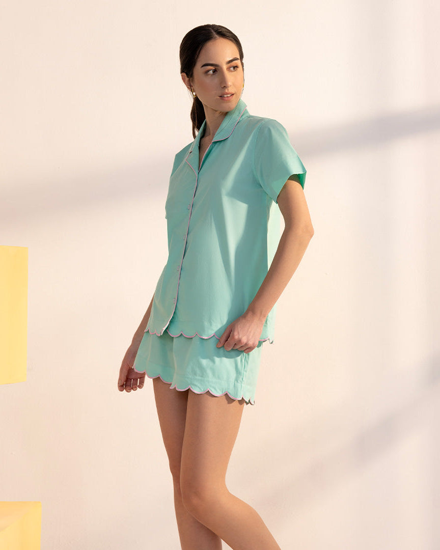 Jade Mist Cotton Scalloped Shorts Set