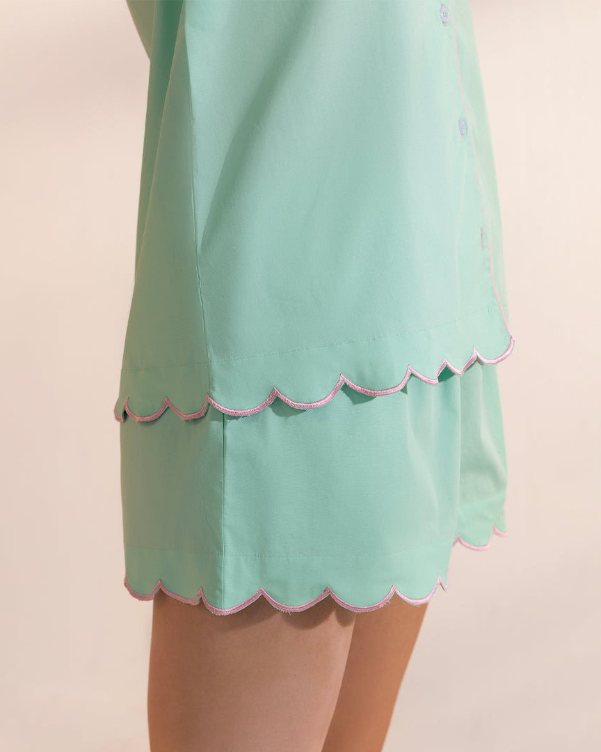Jade Mist Cotton Scalloped Shorts Set